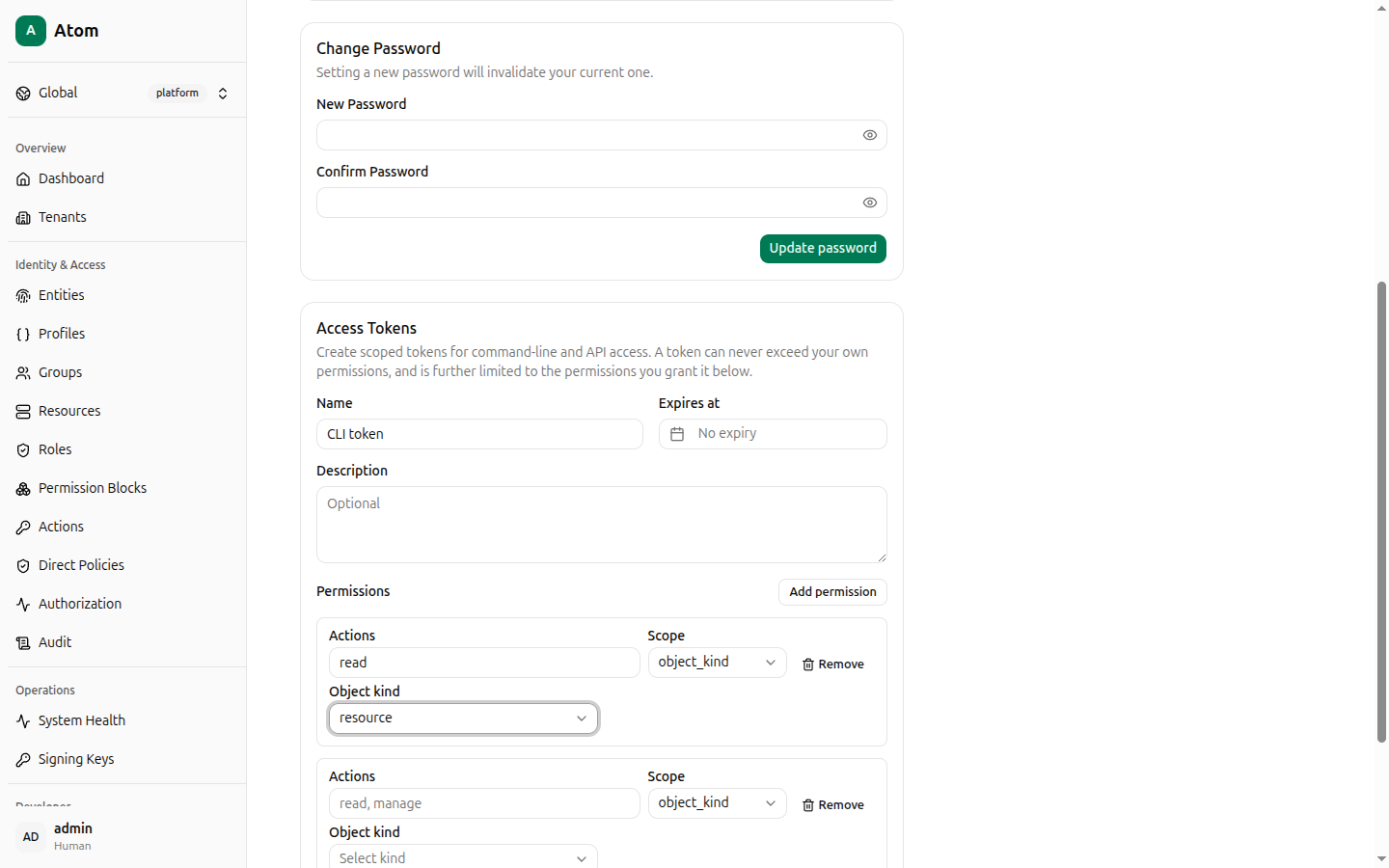 Access token form with one scoped permission