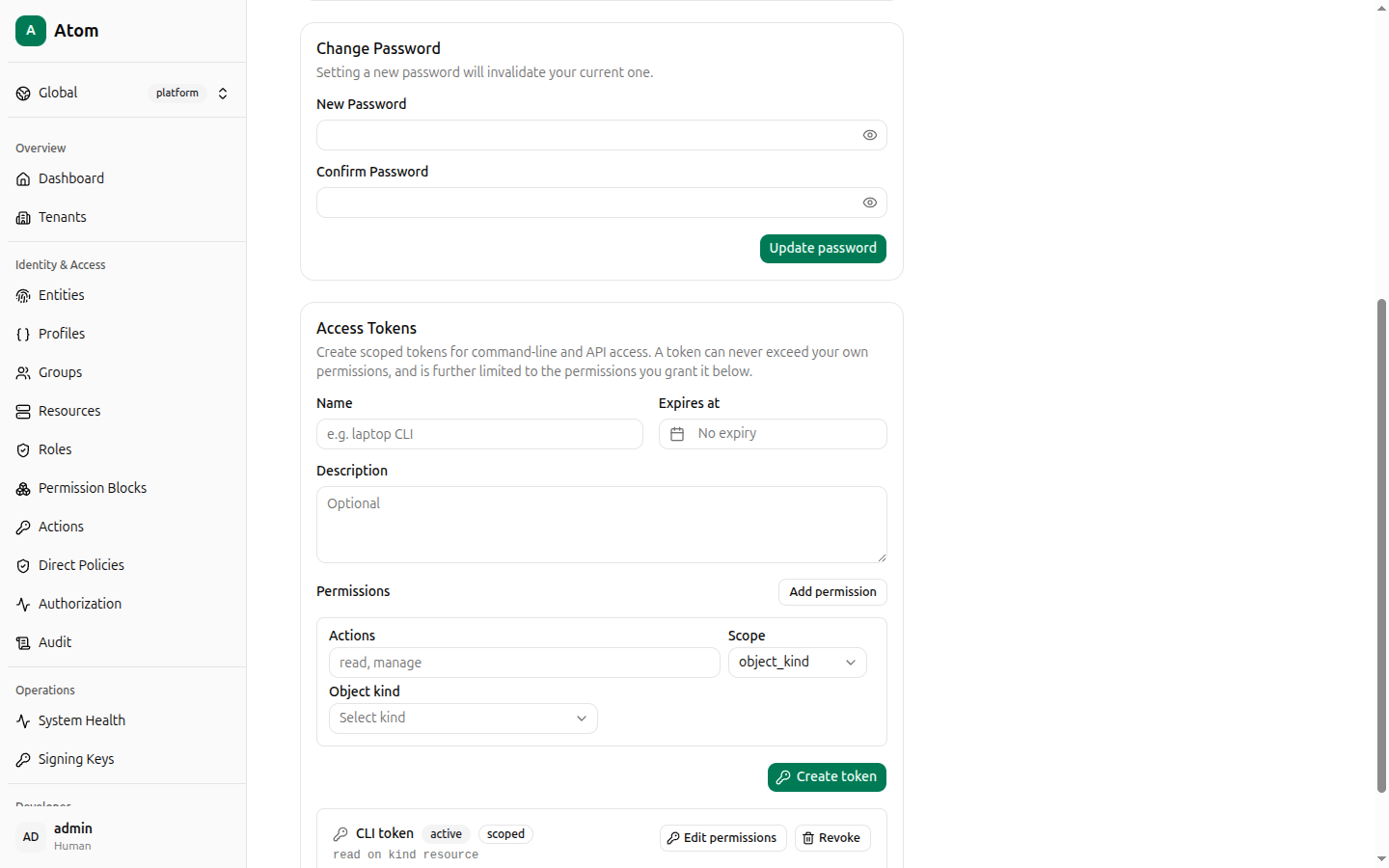 Access token list showing status and prefix