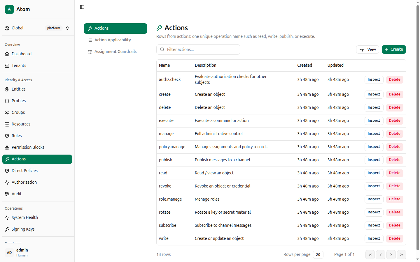 Actions sub-navigation and catalog list