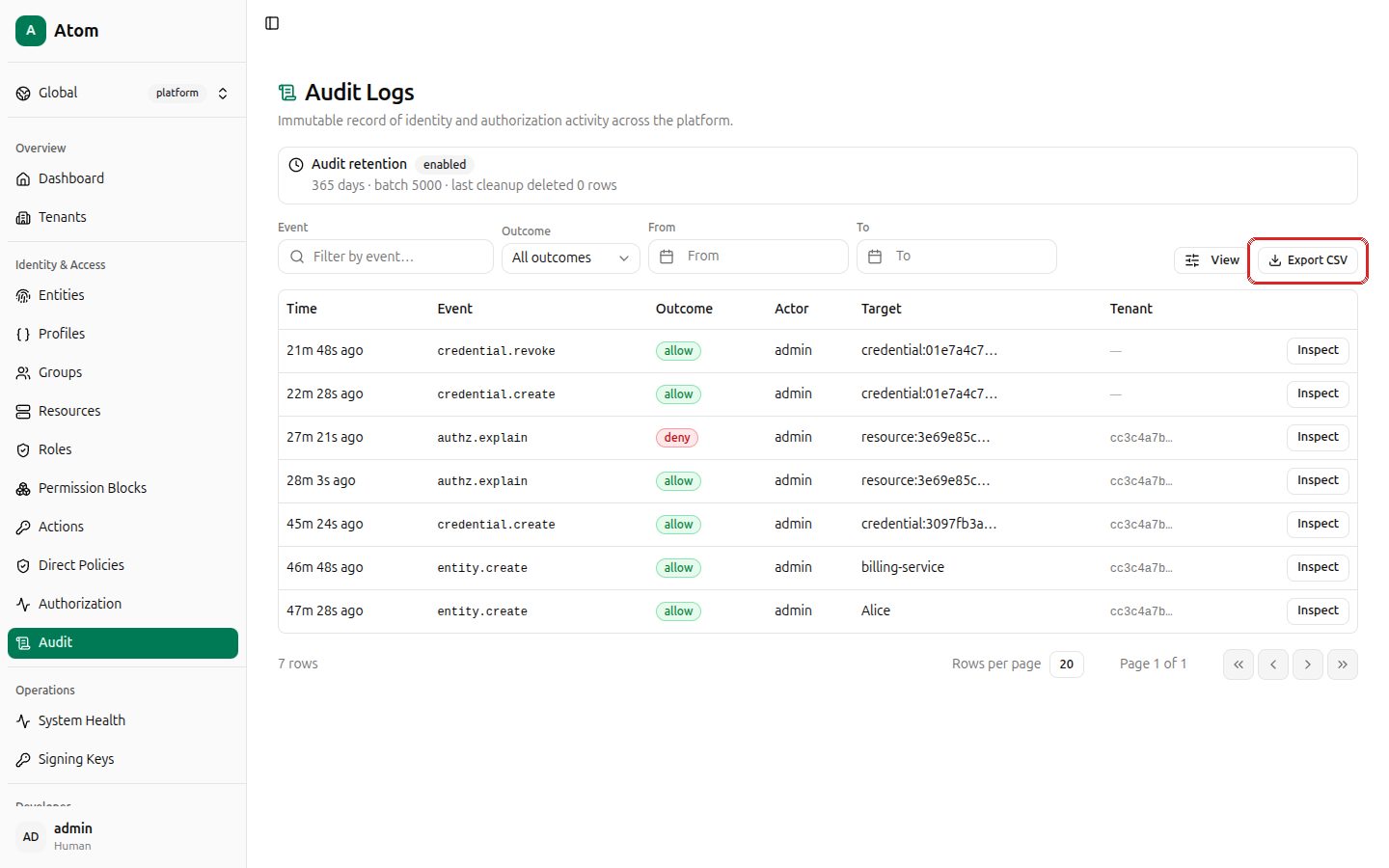 Export CSV button highlighted