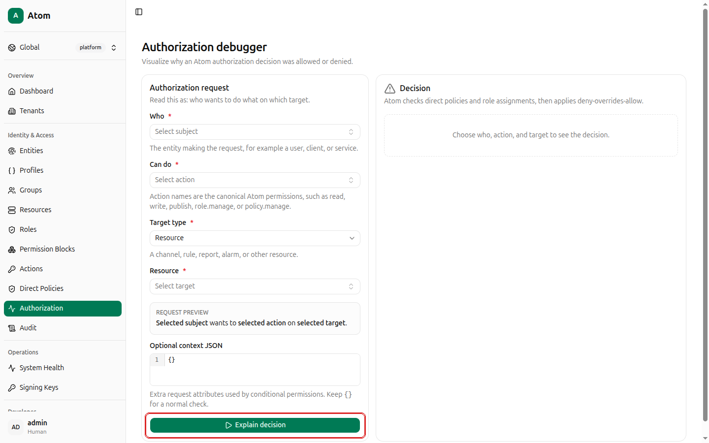 Authorization debugger, empty, with Explain decision highlighted
