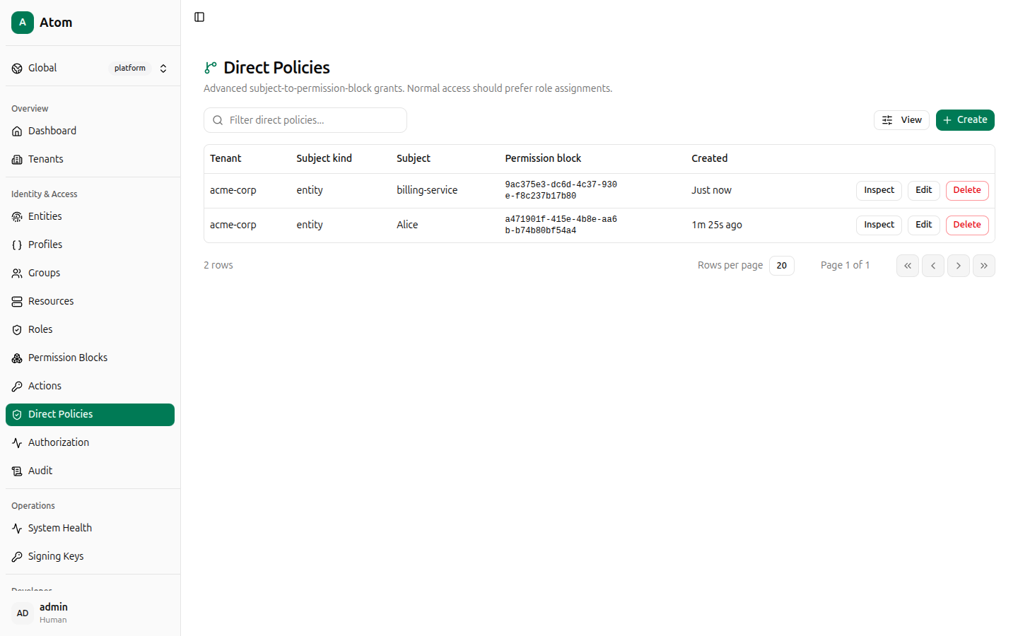 Direct policies table populated