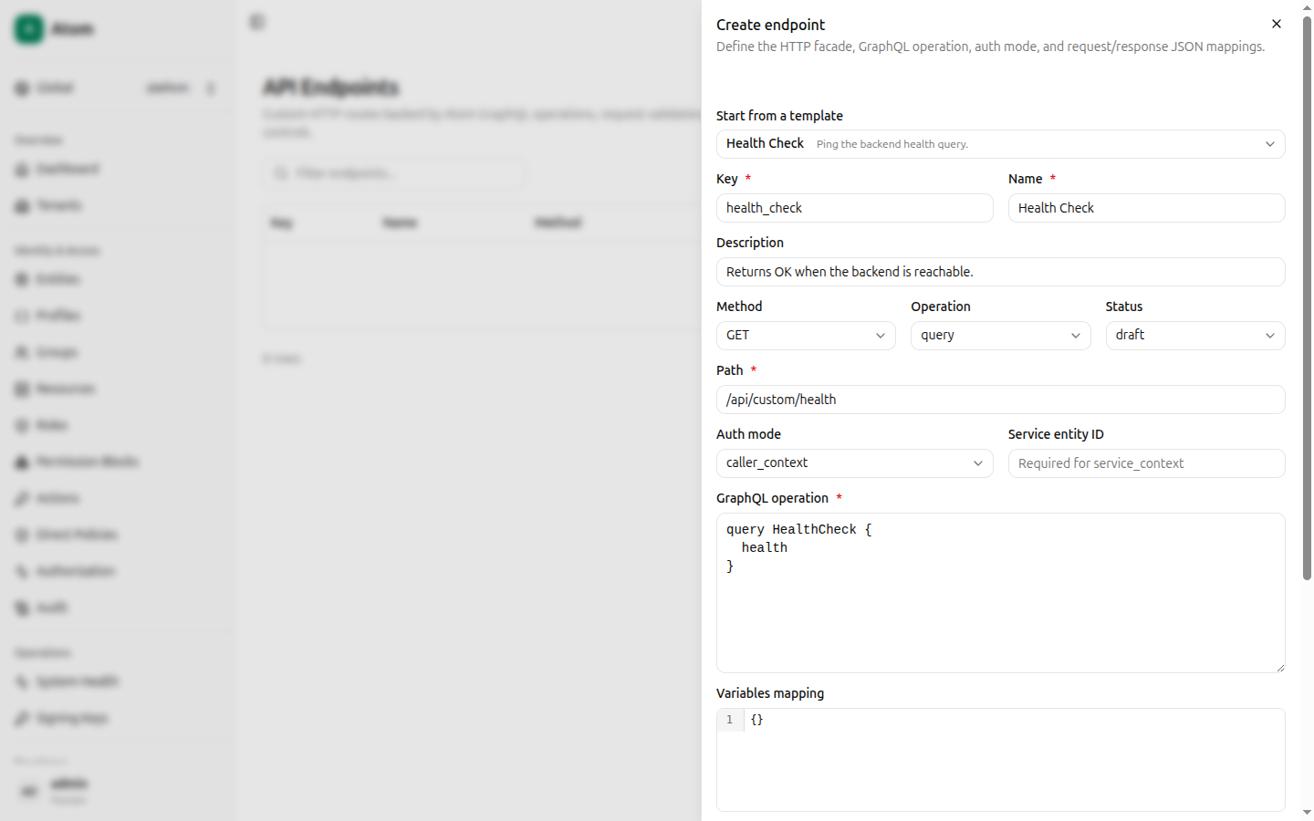 Create endpoint dialog filled from the Health Check template