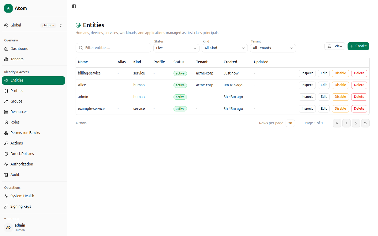 Entities table populated