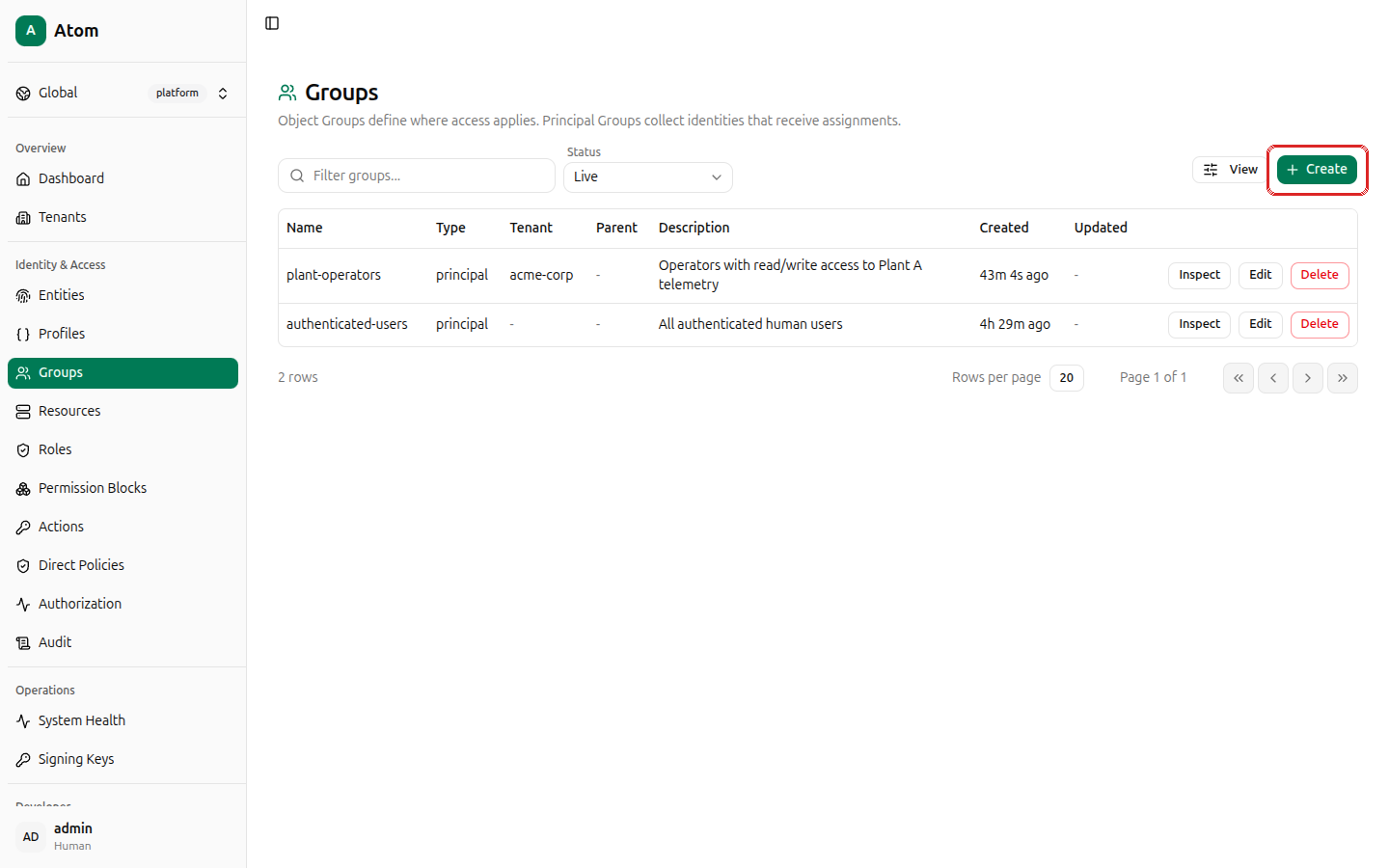 Create button highlighted on the groups list