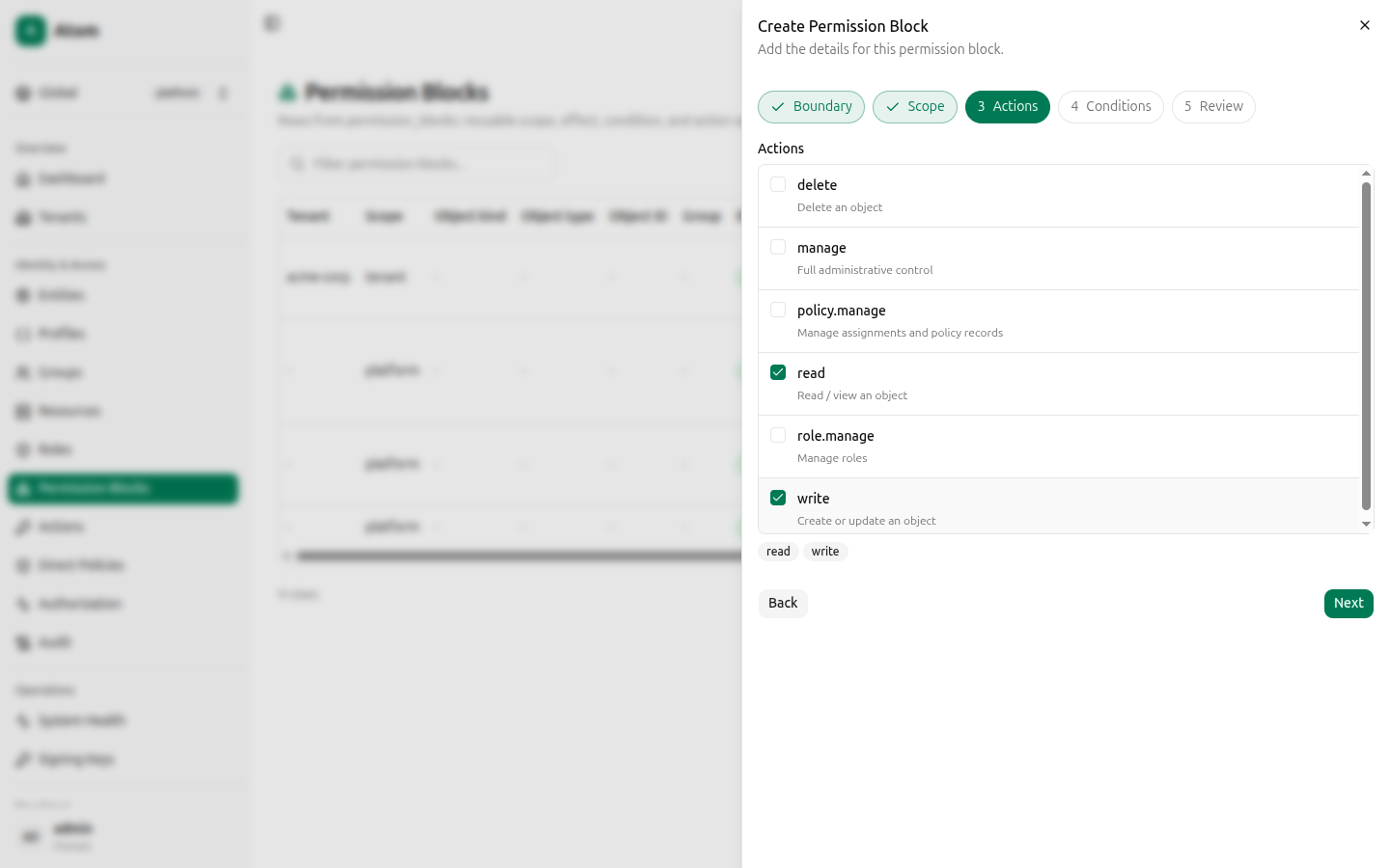 Permission block wizard, actions step