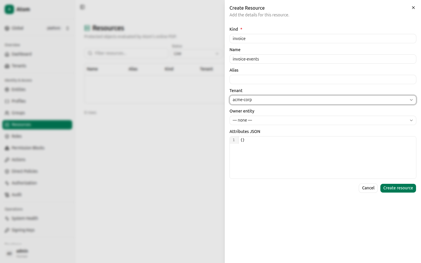 Create resource dialog filled in