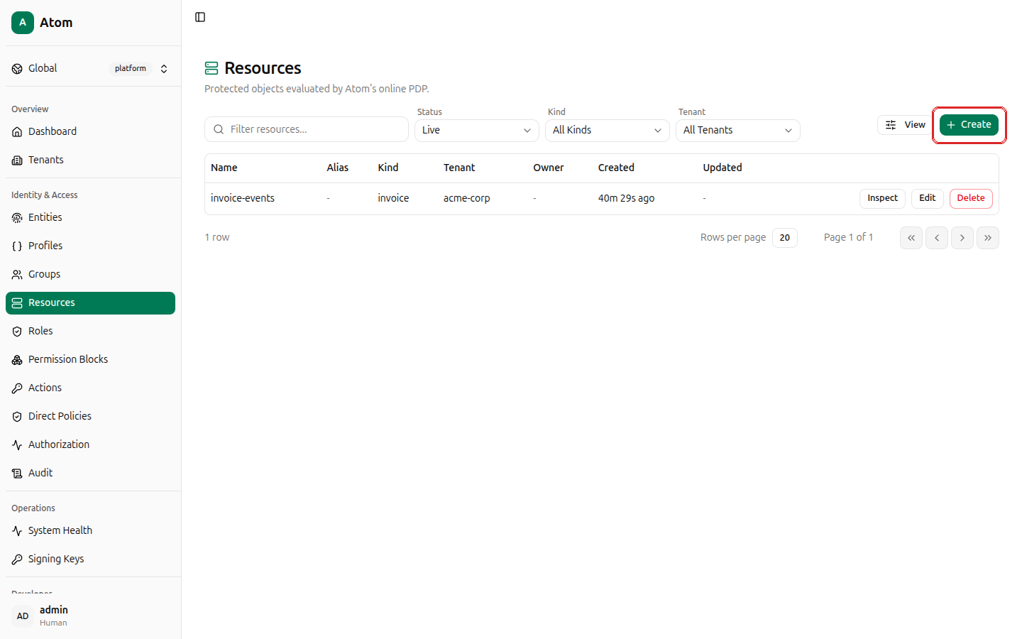 Create button highlighted on the resources list