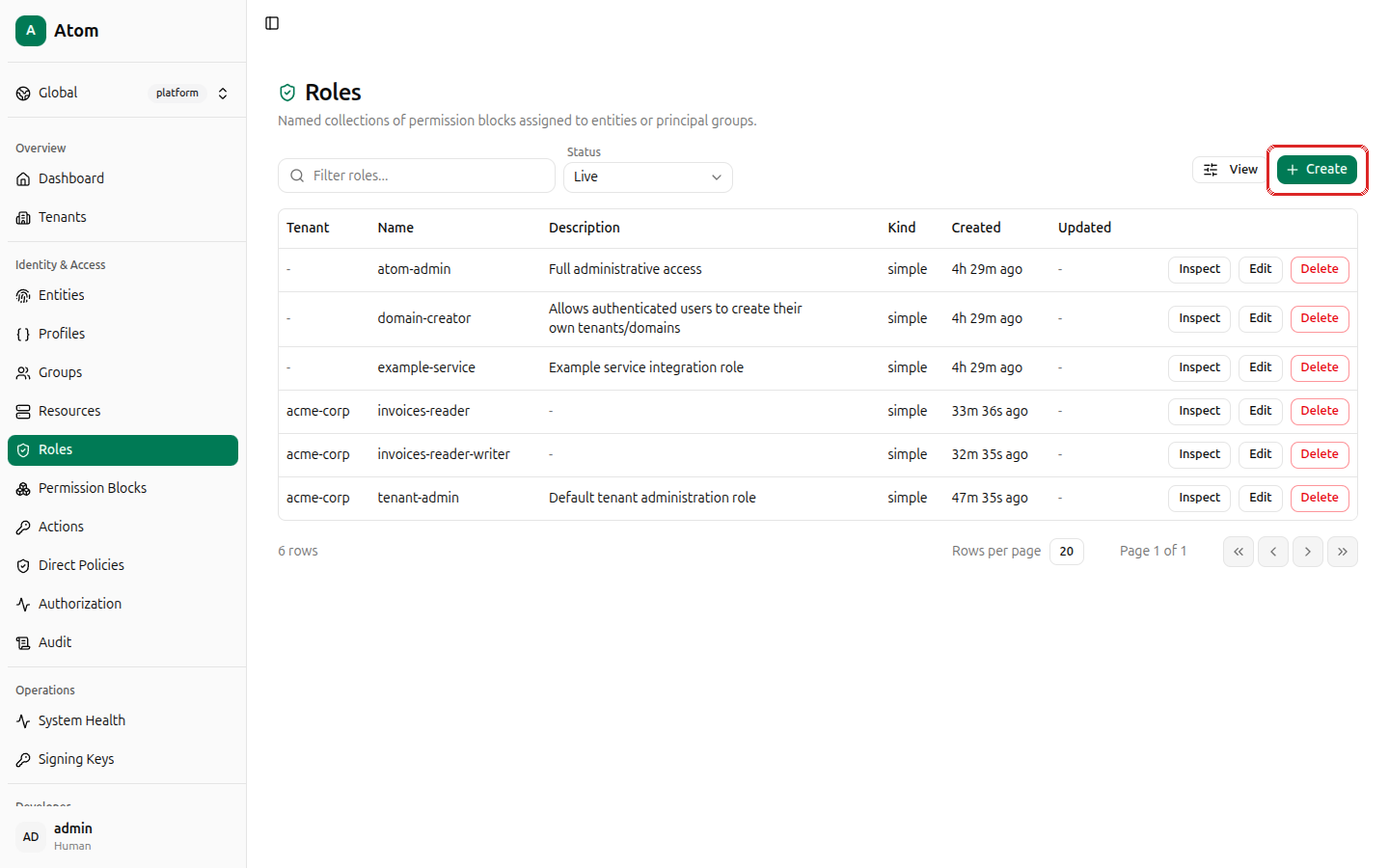 Create button highlighted on the roles list