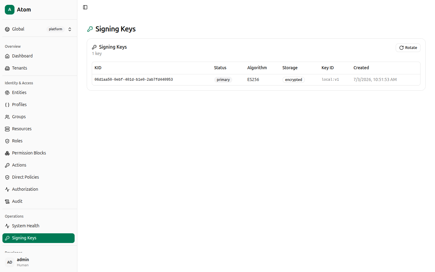 Signing Keys list